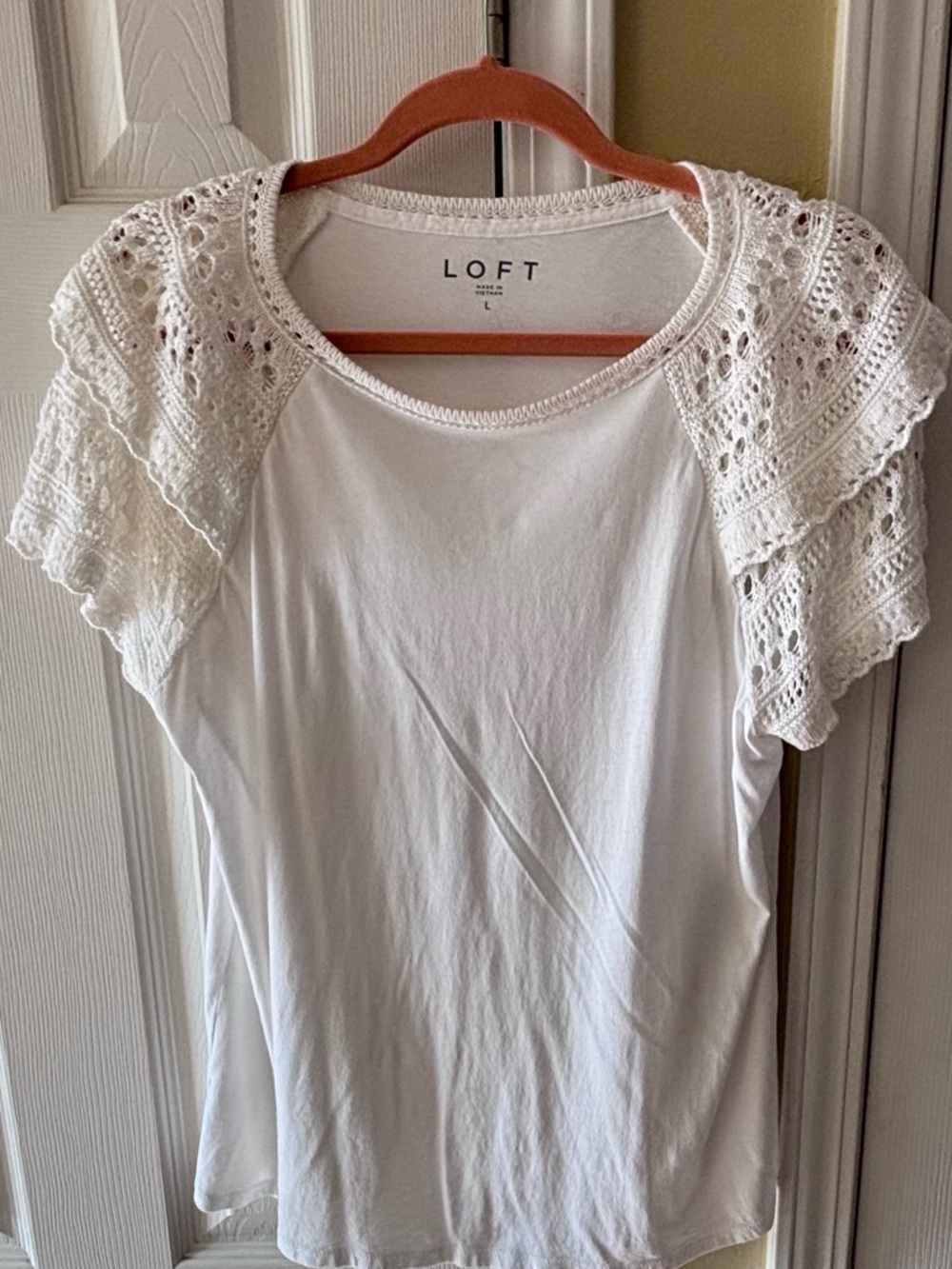 LOFT White Crochet Flutter Sleeve Tee